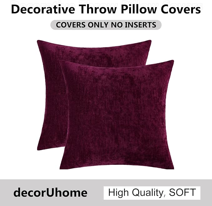 decorUhome Soft Chenille Burgundy Throw Pillow Covers 18X18 Set of 2 | Decorative Fall Couch Pillow Covers Solid Dyed Accent Modern Farmhouse Neutral Square Pillow Cases for Sofa