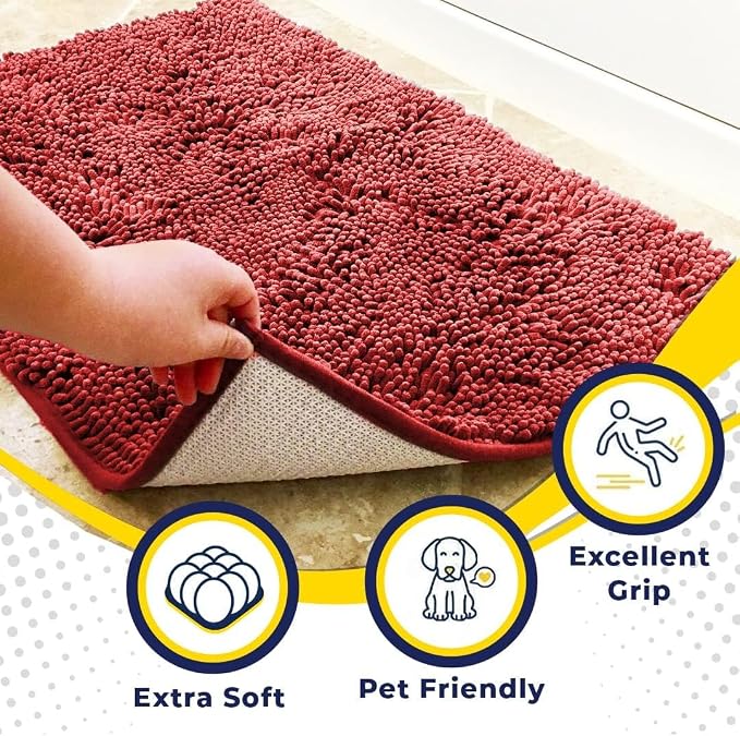 Muddy Mat® | Super Water Absorbent Door Mat Indoor, Microfiber Quick Dry Chenille Entryway Rug, Slip Resistant Front Door Mat, Indoor Mats for Entryway, Machine Washable Pet Rug, Red 24" x 120"