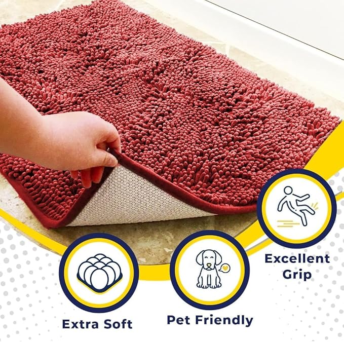 Muddy Mat® | Super Water Absorbent Door Mat Indoor, Microfiber Quick Dry Chenille Entryway Rug, Slip Resistant Front Door Mat, Indoor Mats for Entryway, Machine Washable Pet Rug, Red 36" x 120"