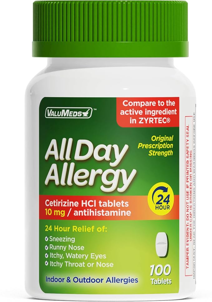ValuMeds 24-Hour Allergy Medicine Antihistamine for Pollen, Hay Fever, Dry, Itchy Eyes, Allergies | Cetirizine HCl 10mg Caplets, Compare to Leading Brand (100 Count)