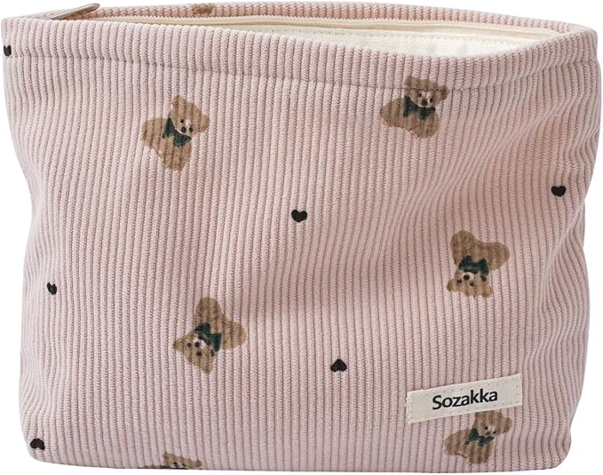 Cute Small Soft Corduroy Zipper Makeup Bag for Purse, Coquette Aesthetic Pouch with Bear Pattern for Women Girls, Kawaii Travel Cosmetic Bags(01Pink)