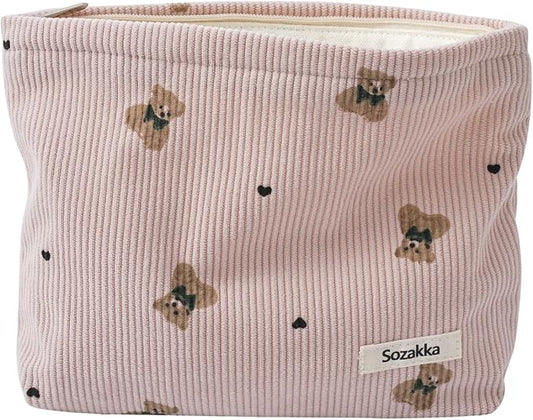 Cute Small Soft Corduroy Zipper Makeup Bag for Purse, Coquette Aesthetic Pouch with Bear Pattern for Women Girls, Kawaii Travel Cosmetic Bags(01Pink)