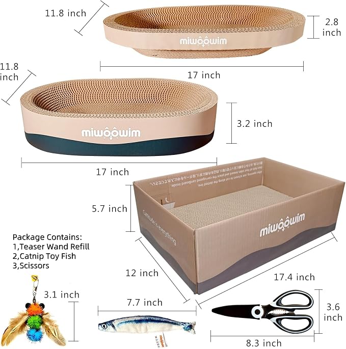 miwoowim 3-Piece Cat Scratcher Set, Oval Bowl Nest for Indoor Cats | 2 oval bed &1 box for scratching & lounging,Durable round corrugated cardboard pad & catnip toy.Furniture protector for couch