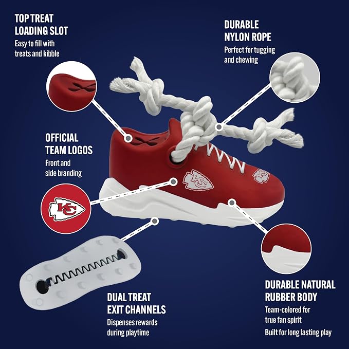 Pets First NFL Kansas City Chiefs Cleat Sneaker Spike Dog Toy, Football Treat Dispenser Chew Toy for Dogs, Interactive Rope Tug Toy, Slow Feeder Natural Rubber Dog Toy with Official Team Logo
