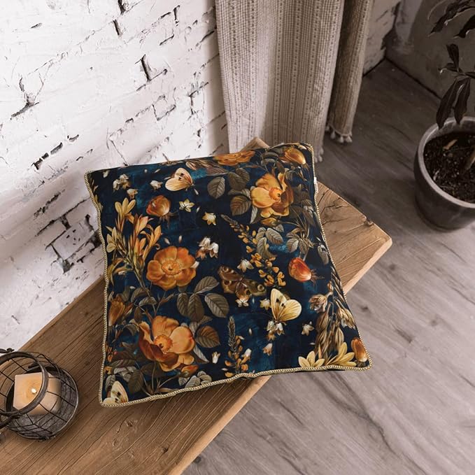 Vintage Floral Velvet Pillow Covers 20x20 Inch Blue Brown Leaf Flowers Throw Pillows for Couch Farmhouse Cushion Covers Pillowcase Butterfly Plant Leaves Pillow Cases for Sofa Bed Outdoor Decor