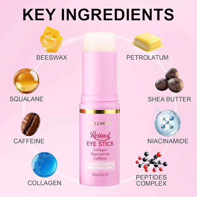 Retinol & Caffeine Eye Balm Stick, Smoothing Under Eye Balm for Dark Circles, Puffiness, Fine Lines and Eye Bags, Gentle Under Eye Cream with Collagen, Niacinamide & Peptides, 0.35oz/10g