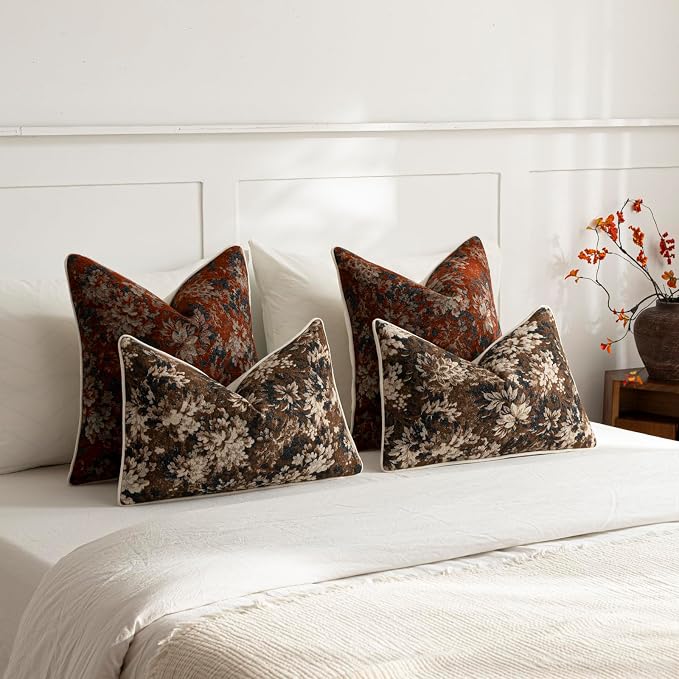 Pack of 2 Vintage Floral Euro Sham Covers 26x26 Boho Farmhouse Accents Chenille Square Decorative Throw Pillow Cases for Living Room Couch Bed Home Decor, Rust