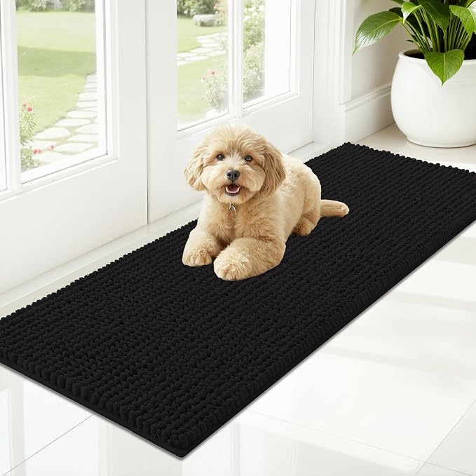 OLANLY Dog Door Mat for Muddy Paws 47x17, Extra Absorbent Chenille Mud Mat | Black, Absorbs Moisture and Dirt, Non-Slip Machine Washable Doormat, Quick-Drying Indoor Entryway Floor Mat for Dogs