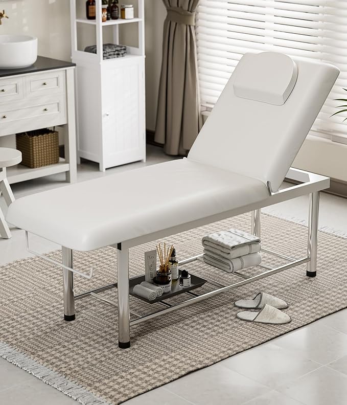 SyyBhb Professional Stationary Massage Table, 550lbs Heavy Duty Wide Exam Bed for Treatment, Backrest Adjustable, Removable Headrest, Bottom Shelf Storage and Towel Hook, White