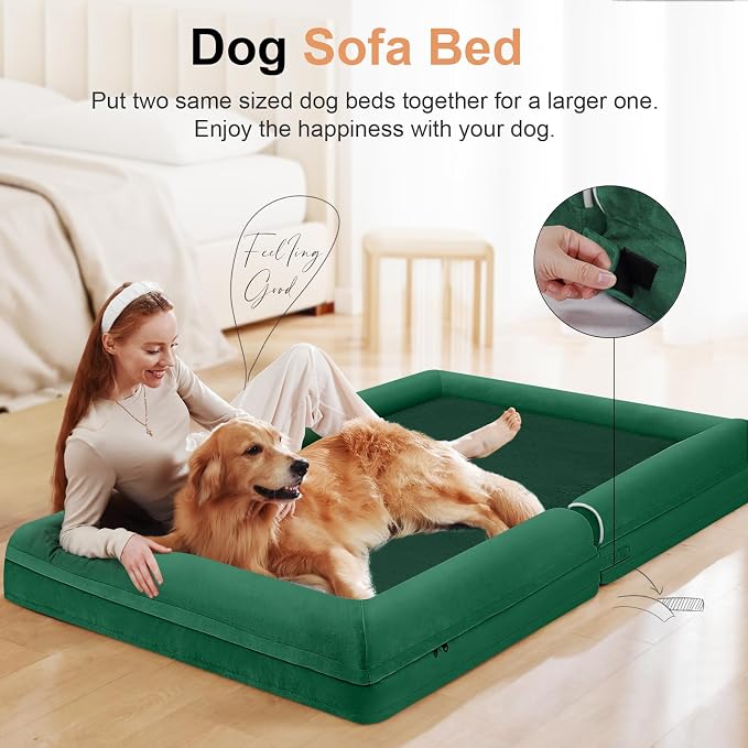 Orthopedic Dog Bed for XX-Large Dogs, 44 x 34 Inch, Emerald | Egg crate foam for joint support, 3-sided bolster pet sofa, waterproof lining, washable cover, and non-skid base