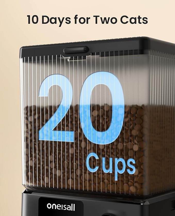 oneisall 5G WiFi Automatic Cat Feeder for 2 Cats, App Control, 20 Cups/5L | Timed Meals, Feed Now, Feeding Logs, Slow Feed, Precise Portions, 10s Voice Recorder, Family Sharing, Stainless Steel Bowls