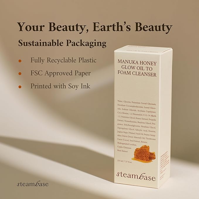 STEAMBASE Manuka Honey Glow Oil to Foam | Daily Makeup Remover and Cleanser, Hydrating Foaming Face Wash for Dry Skin, Double Cleanse | Korean Facial Oil Cleanser, 7.27 fl oz