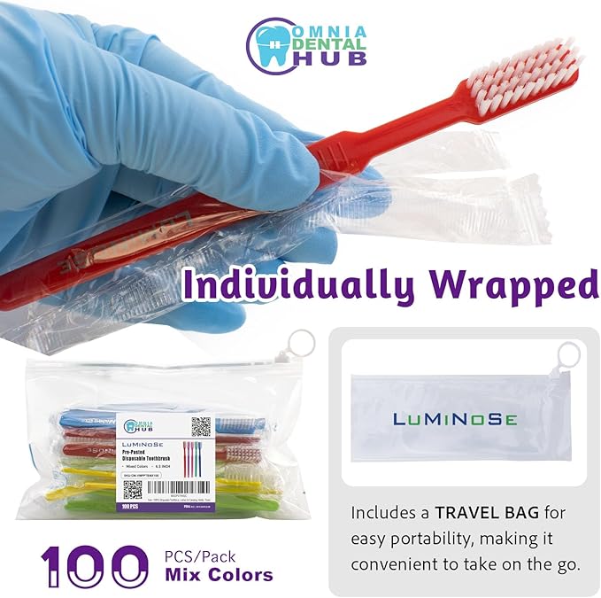 Omnia Disposable Pre-Pasted Toothbrushes | 100 Pcs Individually Wrapped Pre Pasted Toothbrush | Single Use Waterless Tooth Brush for Hotel, Camping, Homeless Gift | Multi Color