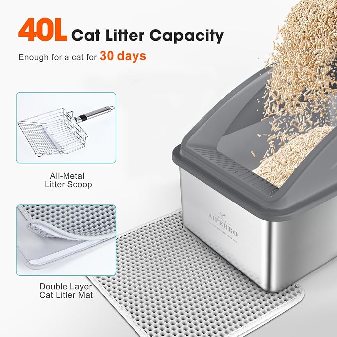 AIPERRO Stainless Steel Litter Box | XXL Deepened 8" Design Meatl Cat Box | High Sided with Lid for Big Cats | Anti-Urine Leakage | Non-Stick Bottom & Easy to Clean | Includes Litter Mat & Metal Scoop