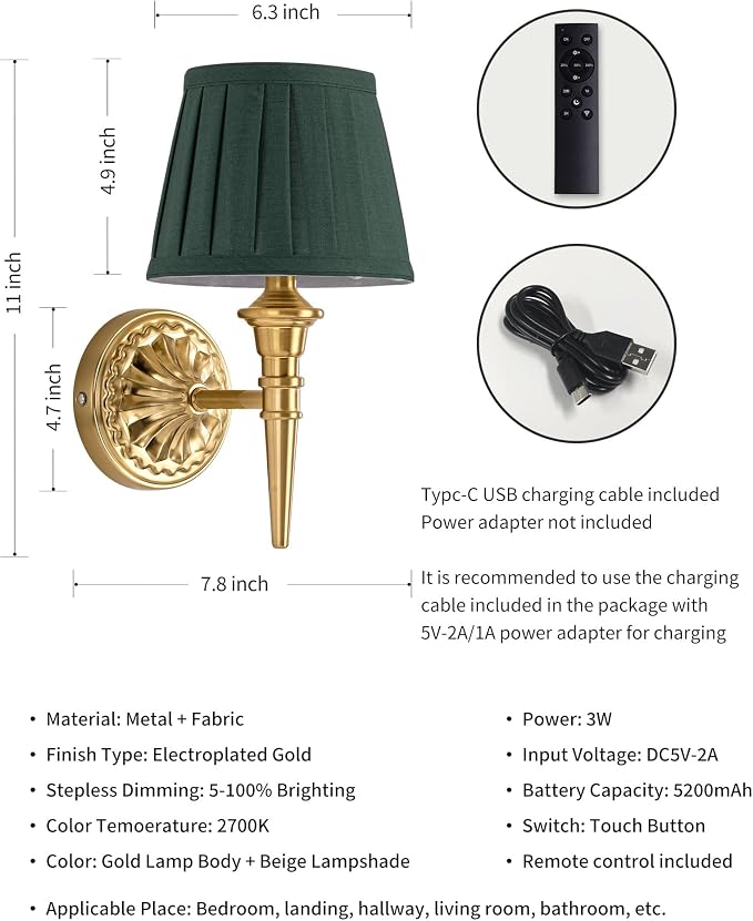 KDG Cordless Gold Wall Sconces Set of 2, Green Fabric Lampshde Wall Lamps | Small LED Wireless Portable Rechargeable Battery Lighting for Wall Painting, Living Room, Bedroom, Hallway, Gifts, Nightlight