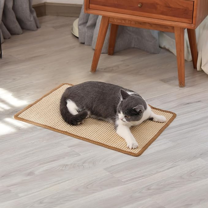 FUKUMARU Cat Scratcher Mat, 23.6 X 15.7 Inch Natural Sisal Cat Scratch Mat | Horizontal Cat Scratching Pad Mat Floor Rug with Sticky Tapes, Cat Wall Scratcher for Indoor Cats, Protect Couch and Carpet