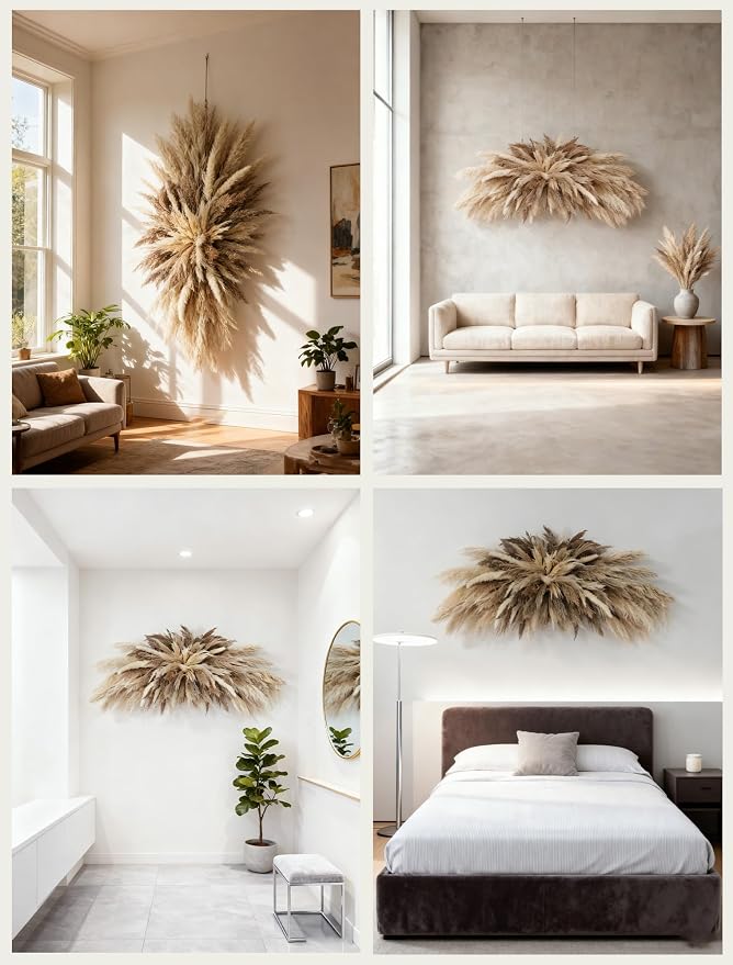 Large Boho Decor Pampas Grass Wall Decor - Need to Assembled | 35~50inch,All-in-One Kit ,Easy Install,Natural Dried Flower, Perfect decor for Living Room、Wedding Arch、Entryway、Party decor