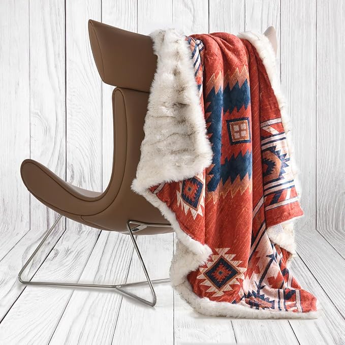 Luxury Plush Faux Fur Throw Blanket with Aztec Pattern, Super Warm, Fuzzy, Elegant, Fluffy Decoration Blanket for Couch, Armchair, Sofa and Bed, 50''x 60'', Red