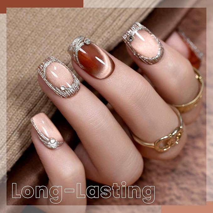 RARJSM Ceramic Cat Eye Gel Nail Polish Set 6 Pcs Smoothie Silver Glitter Shimmer Amber Jelly Sheer Green Blue Orange Wine Red Velvet Cateye Gel Polish with Magnetic Stick UV LED Curing Require Winter