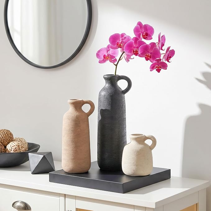 Ceramic Vase Set, 3Pcs Flower Vases for Modern Boho Farmhouse Decor, Decorative Vases for Pampas Grass & Dried Flowers, Distressed Finish
