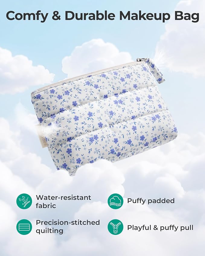 BAGSMART Small Makeup Bag, Puffy Portable Cosmetic Pouch with Charm Zipper, Water-Resistant Travel Organizer for Women (Ditsy Cherry Print, Small)