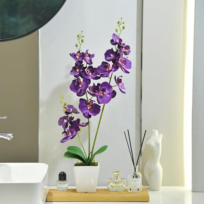 22" Dark Purple Faux Orchid in Ceramic Vase for Table Décor | Real Look Potted Phalaenopsis, Ideal Centerpiece for Home, Office, or Indoor Display, Lifelike Silk Flowers, No Maintenance