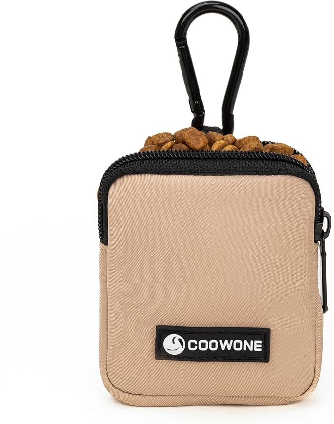 Dog Treat Pouch Pocket Sized Pet Puppy Training Pouch for Dog Training Behavior Aids, Waterproof Nylon Fabric Dog Poop Bag Holder, Hands Free Dog Walking Bag with Metal Carabiner (Coffee)
