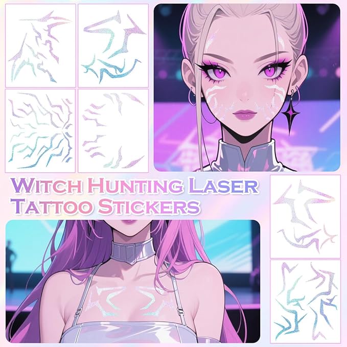 Cosplay Temporary Tattoos, 6 Sheets Holographic Tattoos Waterproof Body Art Prop for Cosplay Halloween Party Makeup Realistic Accessories