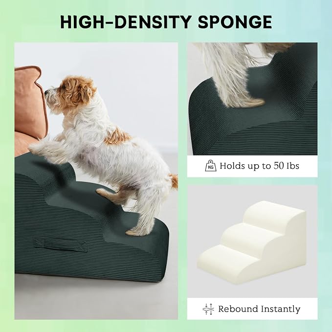 Mesa Lemon 4 Step Dog Stairs Pet Ramp for High Beds, Sofas and Cars | High Density Foam, Non-Slip Bottom, Removable Washable Cover, Portable Handle, Holds Up to 50 lbs, 20 Inch Height