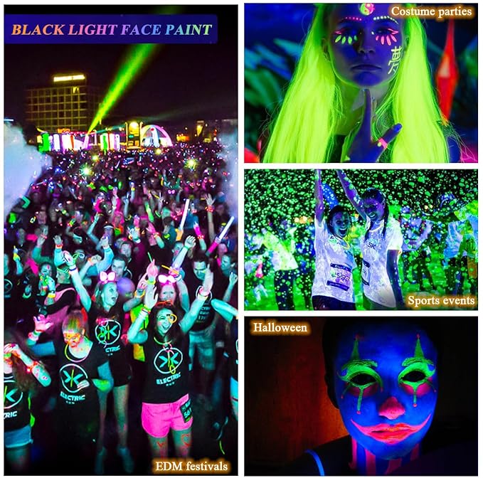 Glow in the UV Light Paint, Non-Toxic Neon Face Paint, Washable & Compact Glow Face Paint for Halloween, Cosplay, Party 12 PCS