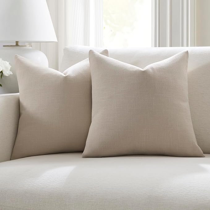 Meekio Set of 2 Soft Beige Throw Pillow Covers 18x18, Modern Farmhouse Linen Blend Decorative Pillow Covers for Couch Sofa Bed, Neutral Home Decor