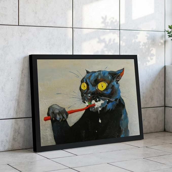ICHZUMW Framed Funny Black Cat Bathroom Decor Canvas Wall Art, 16x24 Inches | Quirky Black Cat Brushing Teeth Painting, Humorous Bathroom Wall Decor, Restroom Powder Room, Fade Resistant, Ready to Hang