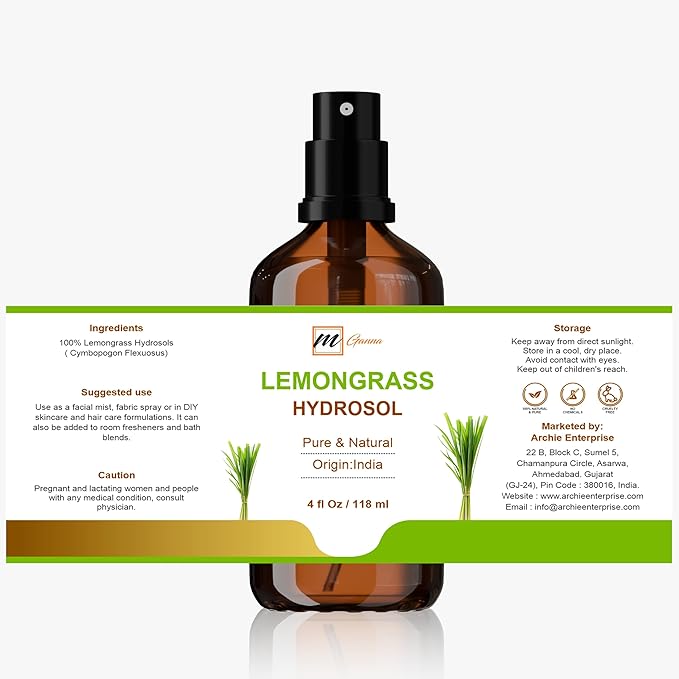 Lemongrass Hydrosol – 4 fl oz / 118 ml | Aromatic Mist for Skin Care, Toning, and Refreshing