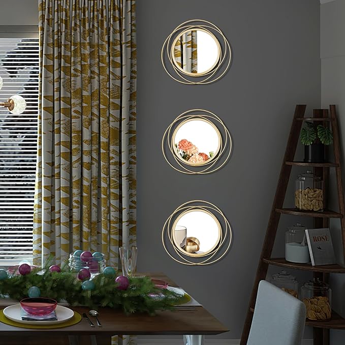 3 Set Round Mirrors for Wall Decor Living Room Bedroom Bathroom Dining Room Metal Circle Mirror Set Boho Decorative Sunburst Wall Art Accent Entryway - Gold 9.5 in