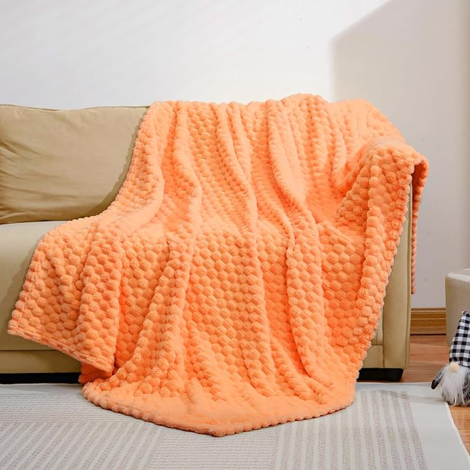 Excervent Hexagon Jacquard Throw Blanket for Bed, 50x70 Inches, Orange | Decorative Fuzzy Flannel Fleece Throw Blanket for Sofa Bed Couch, Super Soft Cozy, Suitable for All Seasons