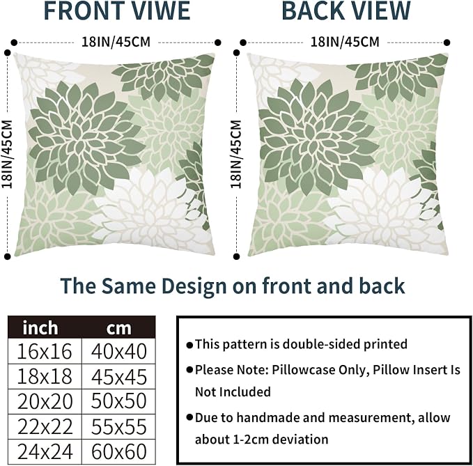Sage Green White Floral Pillow Covers 22X22 Inch Set of 2 Geometric Dahlia Flower Decorative Pillow Cases Modern Cotton Linen Cushion Case Farmhouse Home Decor for Sofa Couch Bedroom