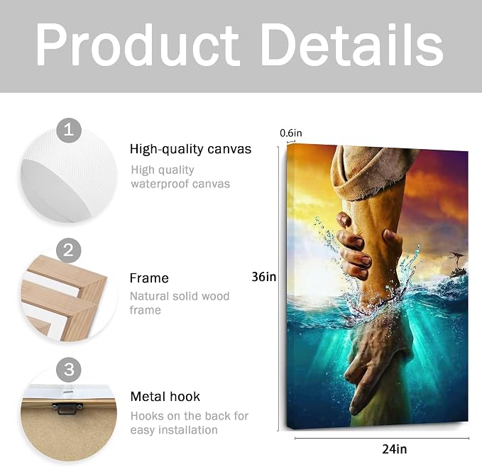 Framed Jesus Christ Canvas Wall Art The Hand of God Jesus Reaching Into Water Christian Painting Prints Biblical Wall Decor Religious Room Decor for Church Prayer Room Schools Hospitals 20"x30"