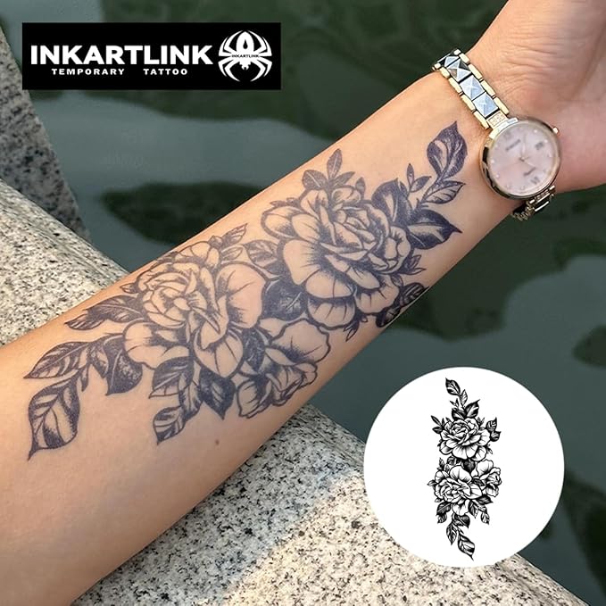 INKARTLINK Semi Permanent Tattoos, Flower Temporary Tattoo, Large Tattoo for Women, Party Tattoo, Beautiful and Realistic Design, Cruelty-free, Non-reflective, Waterproof (Blooming Flowers)