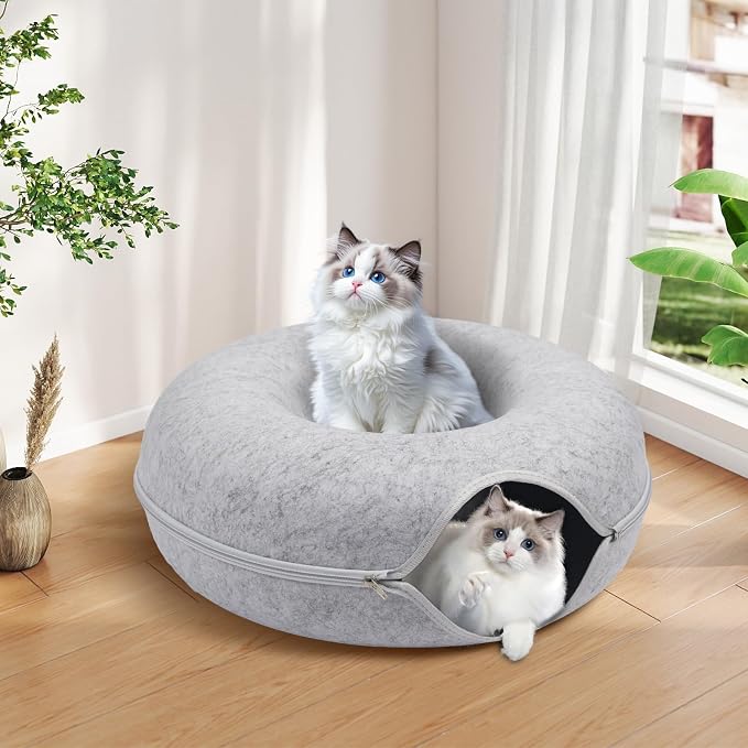 Cat Caves for Indoor Cats, Large Cat Tunnel for Multiple & Large Cats, Scratch Detachable Cave Bed, Kitten Donut Kitty Hideaway Up to 45 Lbs (Light Grey, Large, 2 Pack)
