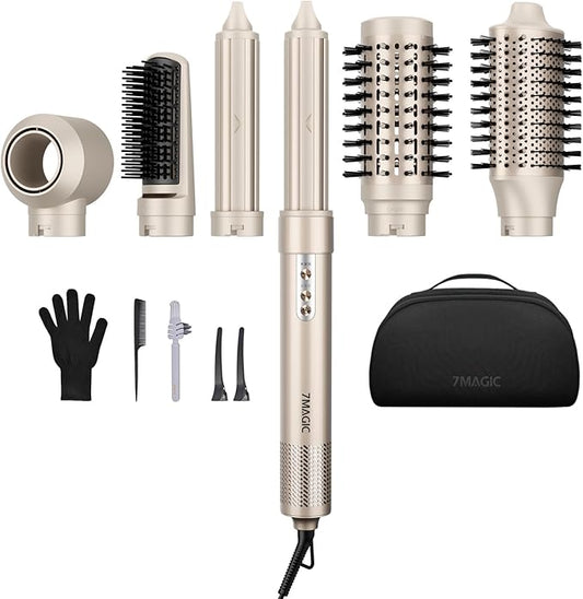 7MAGIC 6 in 1 Multi Hair Styler Dryer Brush, 110,000 RPM High-Speed, Negative Ionic, Fast Drying for Professional Blow Dry, Curling, Volumizing, Straightening and Styling, Gold