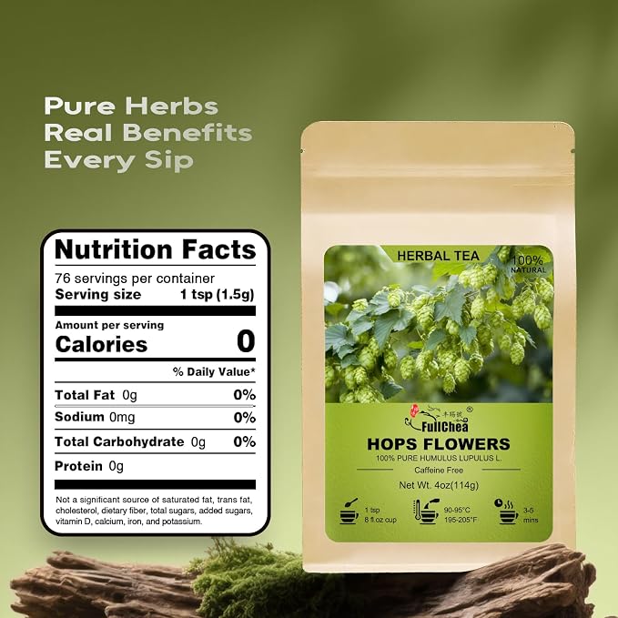 FullChea - Hops Herb, 4oz/114g - Natural Cut & Sifted Humulus Lupulus L. | Pure hops flowers, Non-GMO & caffeine-free, earthy subtly bitter notes, mild gut soothing for relaxing herbal infusions