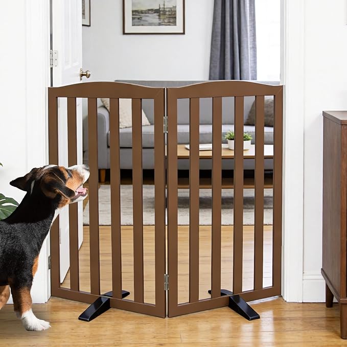 ZJSF Foldable Freestanding Indoor Dog Gate for House Wood Long Pet Gates Dog Fence for Stairs Puppy Gates for Hallways, Puppy Gate,Support Feet Included, Brown, 32 "Height-2 Panels