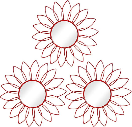 3 Pack Metal Mirrors for Wall Sunburst Wall Mirrors Home Décor Decorative Hanging Wall Art for Living Room Bedroom Entryway (Red, Flowers)