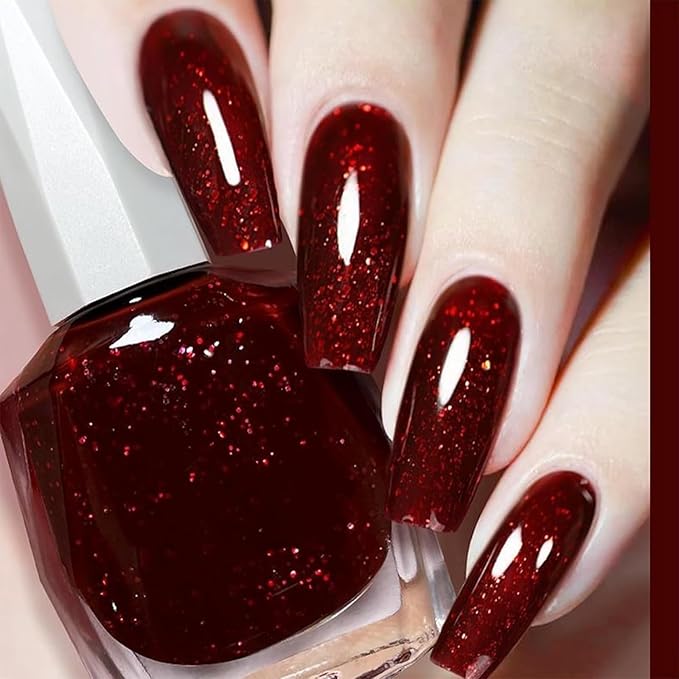 COSMOO 12ml Red Glitter Nail Polish, Burgundy Glitter Quick Dry Nail Lacquer, Wine Nail Art Varnish