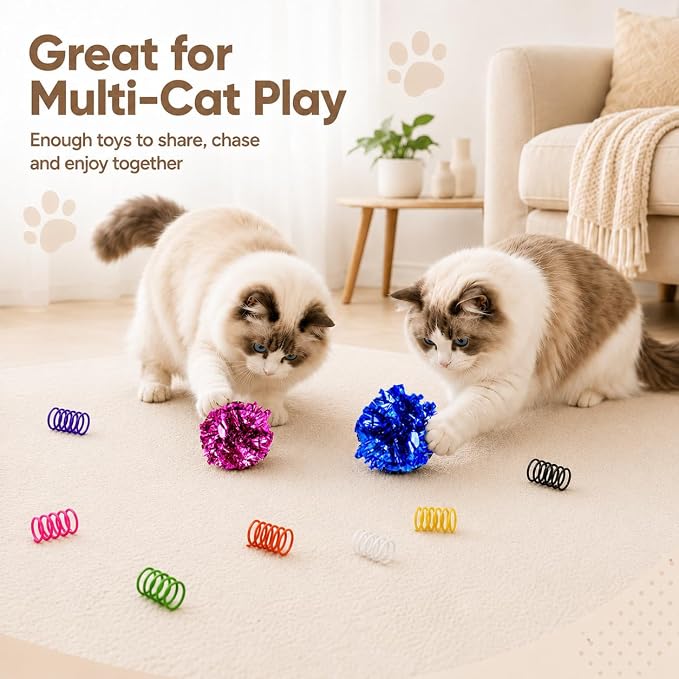 Cat Toys for Indoor Cats, 10 Crinkle Balls & 24 Colorful Springs