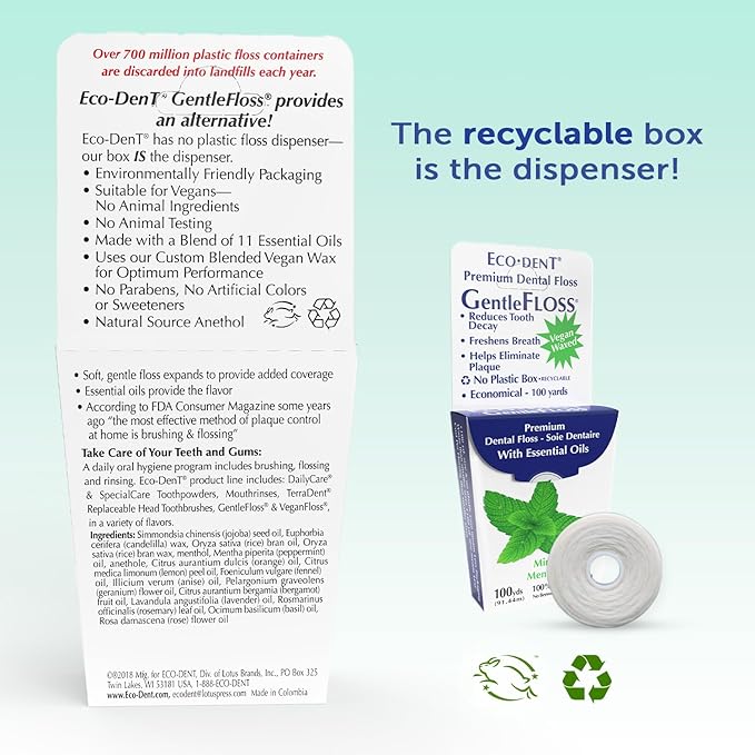 Eco-Dent GentleFloss Dental Floss, Waxed, Mint - Floss with Vegan Plant-Based Wax, Recyclable Cardboard Packaging, 100 Yds Ea (Pack of 2)