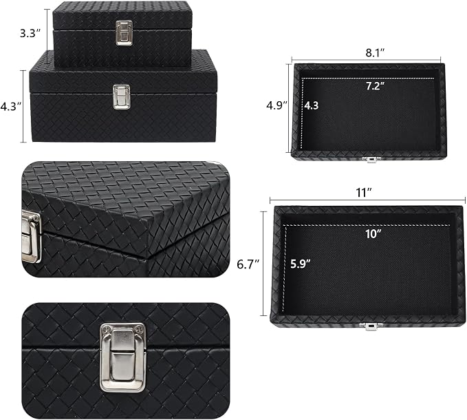 Faux Leather Decorative Jewelry Storage Organizer Boxes Set of 2, Black | Modern Black Box for Vanity, Entryway & Coffee Table Décor