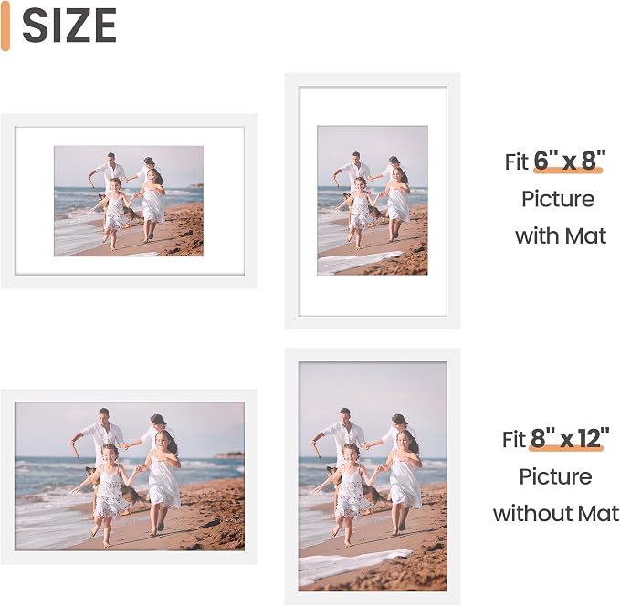 upsimples 8x12 Picture Frame, Gallery Wall Frames Set of 5, White | Photo Frame Collage Wall Decor, 6x8 Picture Frame with Mat for Family, Baby, Hallway, Christmas