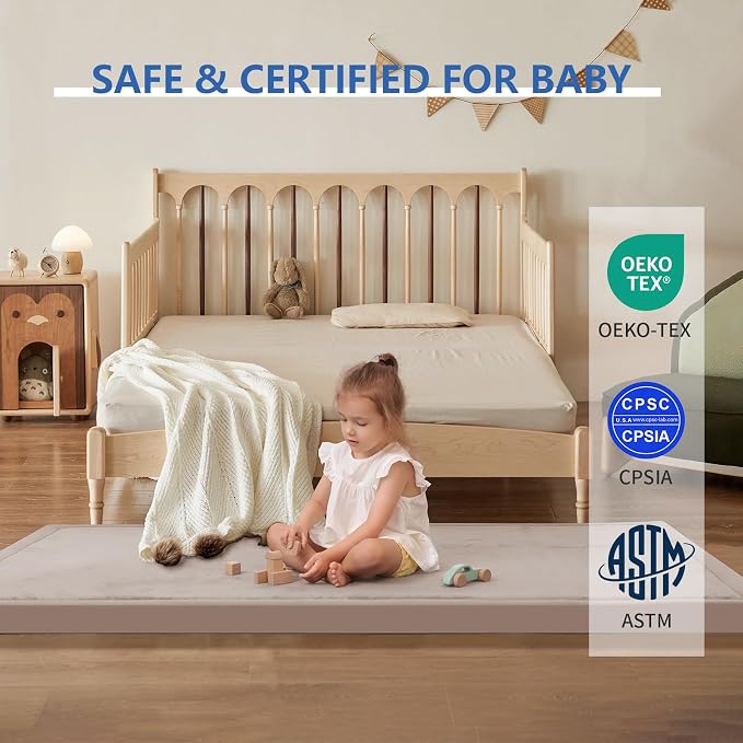 2" Thick Play Mat for Babies Toddlers,Extra Safety Anti-Fall Cushion Mat, Non-Slip Water-Repellent Coral Velvet,28"x72" Bedside Rug for Kids Room (Beige)