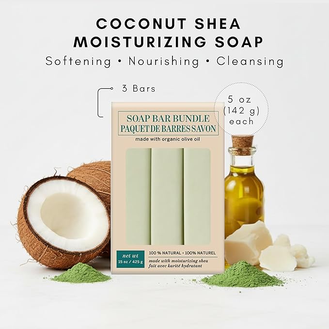 Olivia Care Moisturizing Bar Soap Pack by Natural & Organic Infused with Coconut, Shea Butter & Green ClayDeep Clean, Refreshing, Moisturizing & Hydrating, Coconut Shea, 3 Count (Pack of 3)